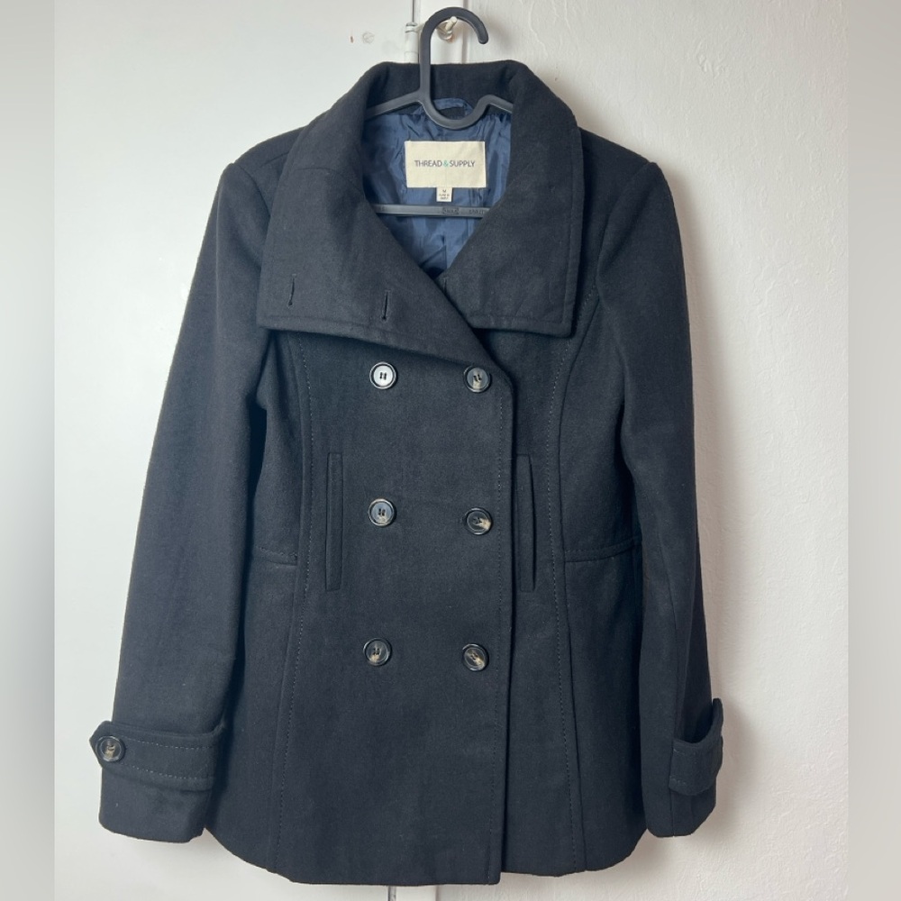 Thread & Supply Black Double-Breasted Peacoat Perfect Spring Transition Coat - M - Picture 4 of 15